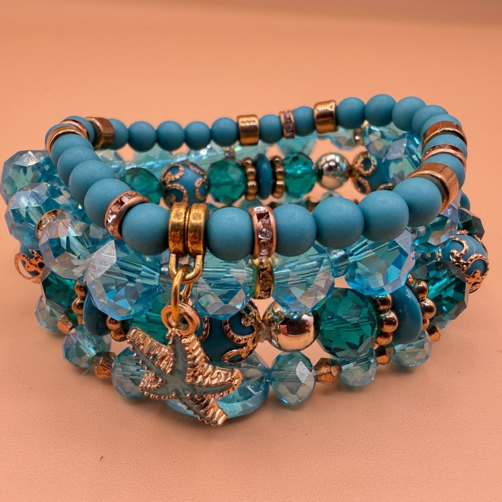 4 Pc Turquoise Tone Blue Beaded Bracelet Set Starfish Charm Coastal Statement